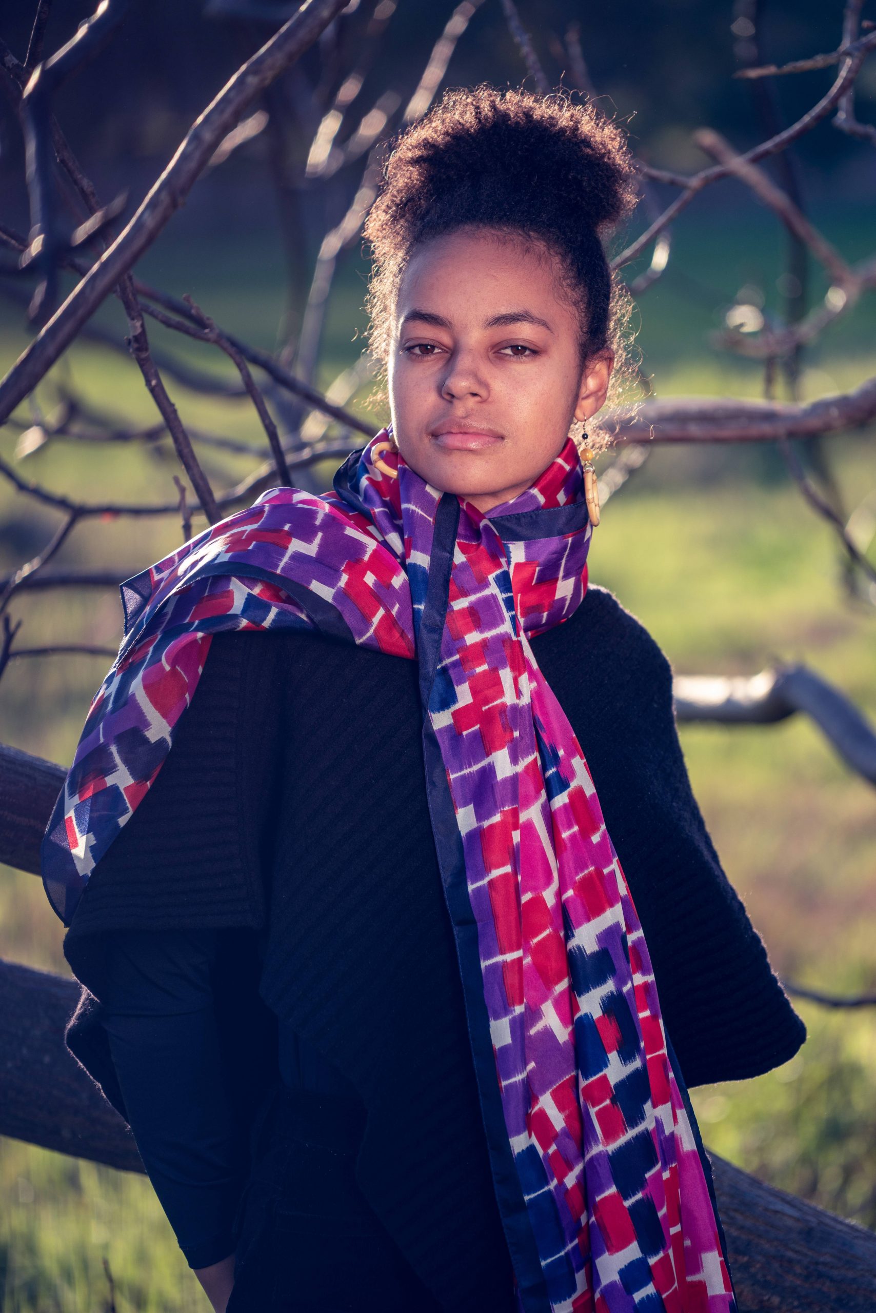 Imara modelling Annick Aisha Originals silk scarf - colour 1. Image: Sanii Mandred.